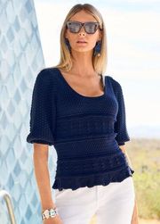 Boston  Proper Crochet Detail Puff Sleeve Sweater, Navy blue XL