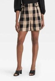 Who What Wear Black Tan Check High Waisted Paper Bag Shorts Size 10 NWT M8