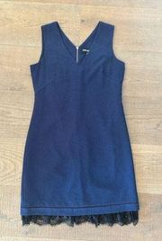 karl lagerfeld navy blue sleeveless v-neck lace trim sheath dress