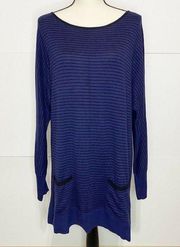 Halogen Nordstrom Tunic Sweater Large Blue/Black Striped Stretch Cotton Blend