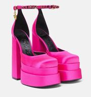 Versace Hot Pink Fuchsia Medusa Satin Platform Pumps