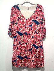 Pinkblush Blue V-neck Dress Pink Floral Hibiscus Print Tab Sleeves