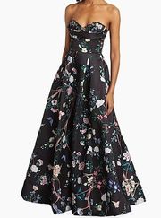 Marchesa Notte Strapless Floral Satin Maxi Gown Beaded Bodice Black 14