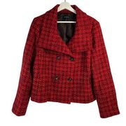 Talbots Size 14 Tweed Coat Double Breasted Wool Blend Plaid Red Pink Button Up