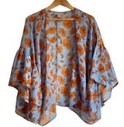 Motherhood Maternity Floral Blouse Open Front Kimono Bell Sleeve Blue, One Size