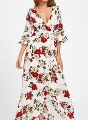 Red & White Floral Fluted Sleeve Wrap Around Dress Womens Large Long Maxi
