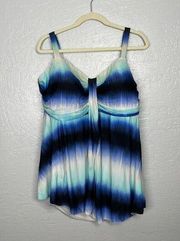 Swim by Cacique Women Plus Size 24W Blue White Tie Dye Tankini Top Built in Bra