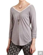 Anthropologie Deletta Mara Gray Ruched White Chiffon Trim Top Shirt Womens Small