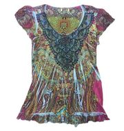 One World Size Medium Paisley Print Embellished Tunic Top Flutter Sleeves Hem