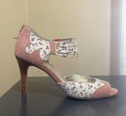 Miss Albright ANTHRO Pink White Multi Floral Peep Toe Back Zip Heels $140 EUC 7.5