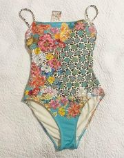 Johnny Was BLUE LEOPARD SPAGHETTI STRAP ONE PIECE floral XS NWT