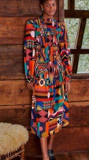 FARM RIO Multicolor Tropical Shapes Lenzing Ecovera Viscose Midi Dress Small