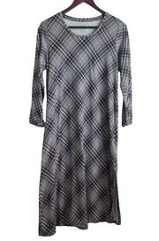 J Jill Sleep Women Night Gown Crew Neck 3/4 Cuff Sleeve Maxi Plaid Print SP Blue