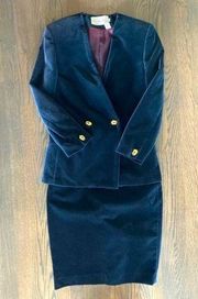 Vintage Navy Blue VELVET Suit Blazer Skirt Set Vintagecore Holiday Work 6 8