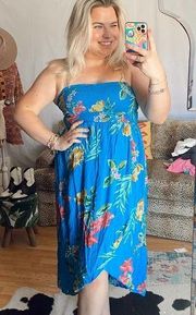 Patrons of Peace Blue Floral Strapless Smocked Midi Dress Size Medium