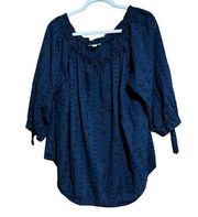 Westport Top Womens 3X Blue Eyelet Embroidered Cotton Blend Smocked Blouse Shirt