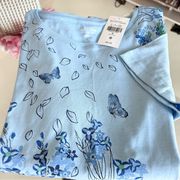 Northern Reflections Blue Floral Print Short Sleeve Top Medium NWT