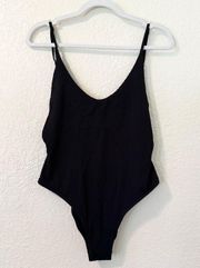 Textured Crinkle Scoop Low Back High Cut Swim One Piece in Black Size M