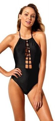 Black one piece halter swimsuit with caged front