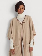 Lauren Ralph Lauren Buckle-Trim Herringbone Ruana Cream Poncho Sweater Boho