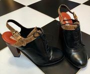 Vintage Dries Van Noten Leather Oxford Sling Back Wood Heel Reptile Embossed