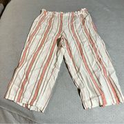 Marc New York Andrew Marc Cream Pink Striped 100% Linen Pull On Culotte Pant L