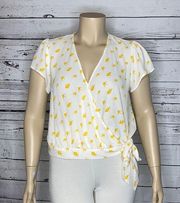 Free Press Clothing Size XL White w/ Yellow Bird Print Crop Surplice Blouse Top