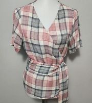 Stitch Fix Pink Clover Black & Red Plaid Knot Side Wrap Blouse Size Medium