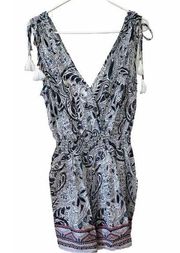 NWT BeBop Sleeveless Short Romper Blue/White Paisley Boho Tassles Juniors Large