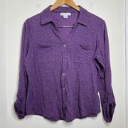 Liz Claiborne Button Front Shirt Top Women’s Large Purple Black Polka Dots