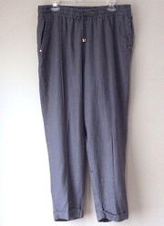 Ellen Tracy Gray Linen Pants Sz Lg Drawstring Elastic Waist Casual Coastal