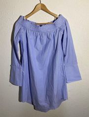 10 Crosby White/Blue Striped Off The Shoulder Mid Sleeve Dress ( 10 )