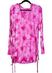 Torrid 0 Swimsuit Cover up Pink Tie-dye V-Neck Jersey Knit Long Sleeve Hooded