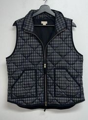 J Crew Womens Printed Quilted Puffer Vest Size L Down Black Check Plaid