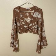 Flynn Skye Pink Floral Printed Long Bell Sleeve Crop Top Size Medium