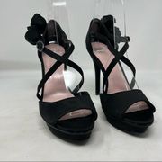 Miss america Black Satin Rosette Trim Cross Strap Platform Stiletto Sandals