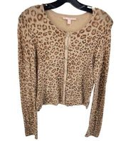 Rebecca Taylor Womens Cardigan Sweater Silk Cashmere Animal Print Tan Medium