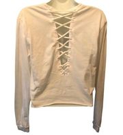 PINK VS Cropped LS Spell~Out Tee Sz. S White Lace Up Back Beachy Summer Vibe