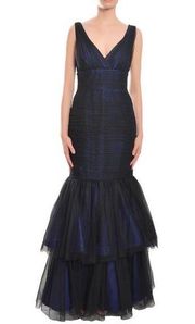 MONIQUE LHUILLER Trumpet Tiered Tulle Maxi Dress Gown Black Blue Women’s Size 8