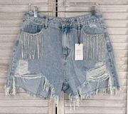 CIDER Diamond Tassels Ripped Denim Shorts Blue-XL