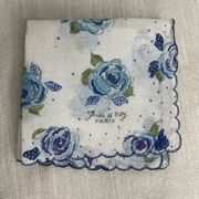 Vintage Jeou d'Orly Paris Blue Floral Linen Scalloped Handkerchief Hankie