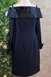 Vtg AJ Bari Off Shoulder Quilted Trim Cuffs Cocktail Evening Dress Black Size 6