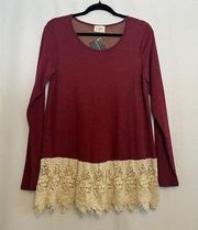 NWT  Long Sleeve Blouse with Crochet Bottom Detail Maroon/Cream Medium