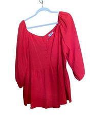 Andree By Unit Plus Size 2X Red Solid Smocked Shoulders Flowy Blouse Top