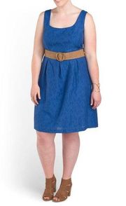 NWT Nine West Danub Blue Pleat Waist Linear Burnout Belted Dress 16W $109