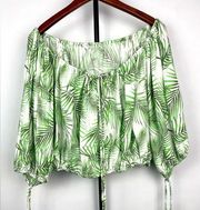 Sigrid Olsen White Green Tropical Linen Blend Off Shoulder Balloon Sleeve Top