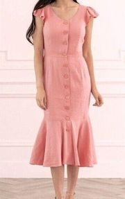 Rachel Parcell Pink linen blend button down midi ruffle hem dress size XL