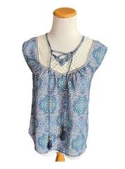 Womens Rewind Boho Sleeveless Tassel Mixed Media Lace Top - Sz XS