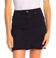 Good American Black Distressed Raw Hem Denim Mini Skirt