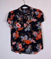 ModCloth | Black Colorful Floral Tie Neck Short Sleeved Blouse Size Medium